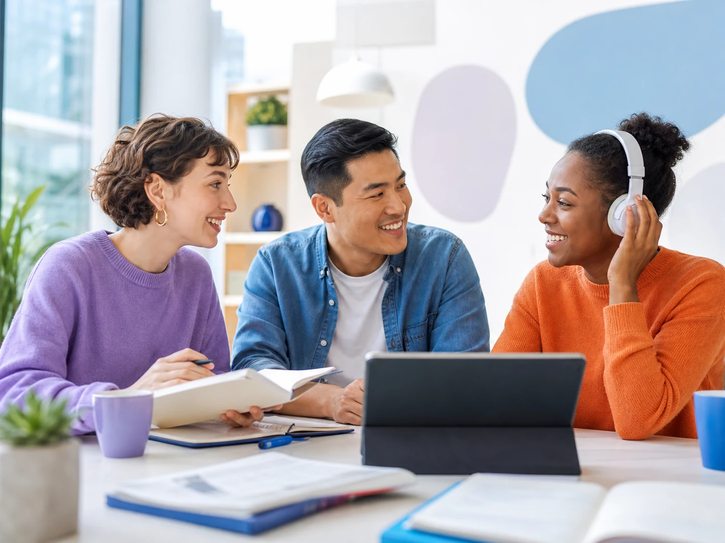 Three adult learners practising English together