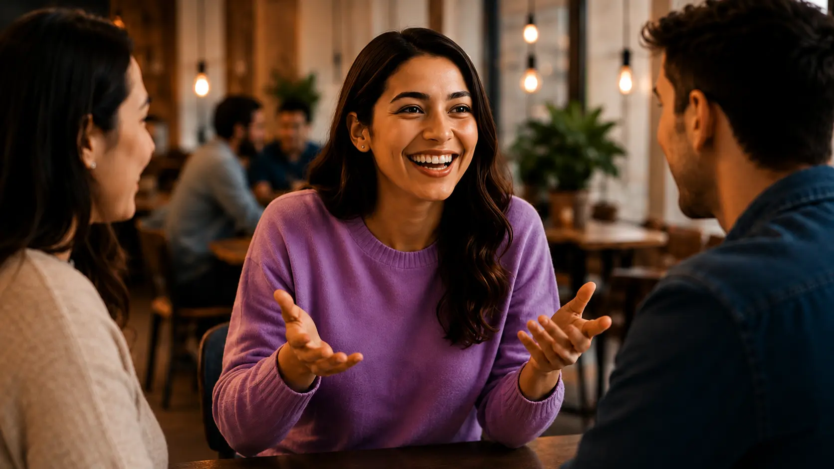 Woman confidently speaking English with friends in a cafe