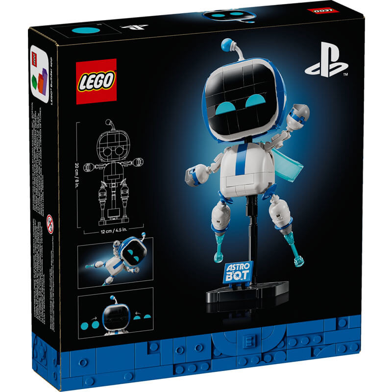 Parte trasera de la caja del LEGO Astro Bot 40899, con dimensiones y detalles del set