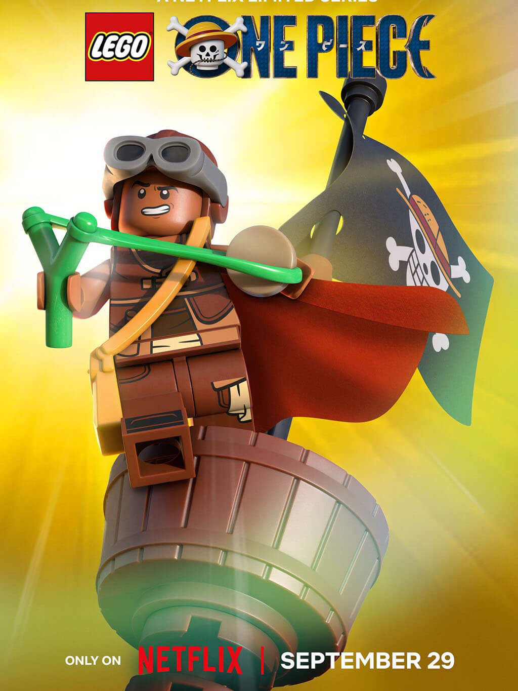 Póster de Usopp en el especial LEGO One Piece de Netflix, con resortera y bandera pirata