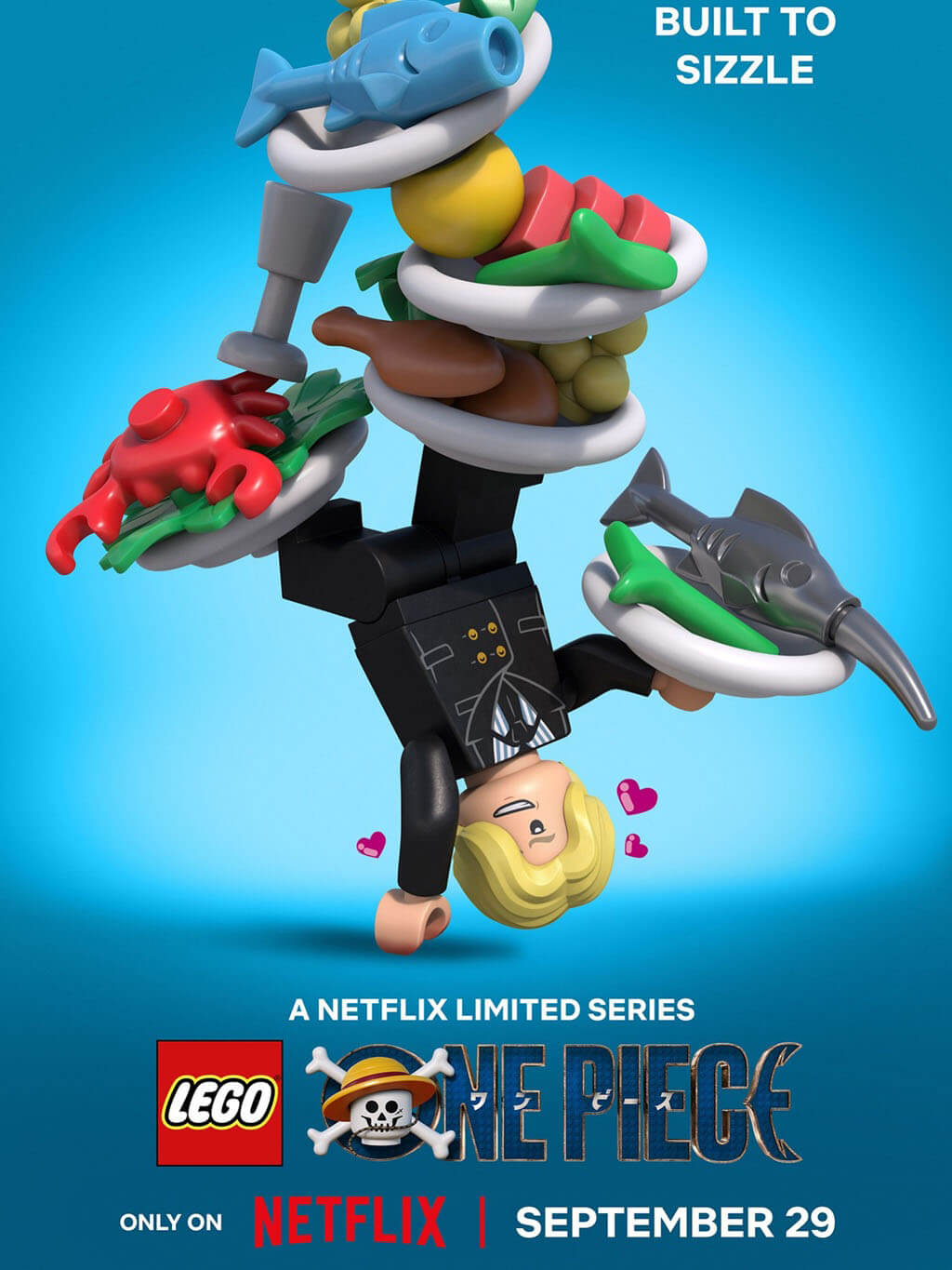 Póster de Sanji en el especial LEGO One Piece de Netflix, con el lema Built to Sizzle