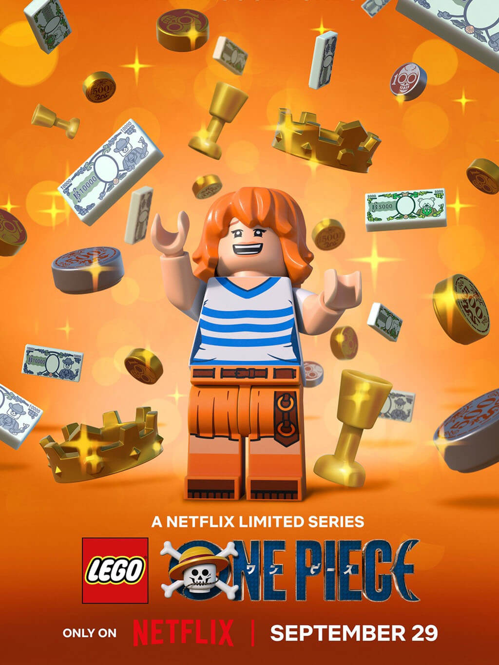 Póster de Nami en el especial LEGO One Piece de Netflix, rodeada de tesoro y monedas de oro