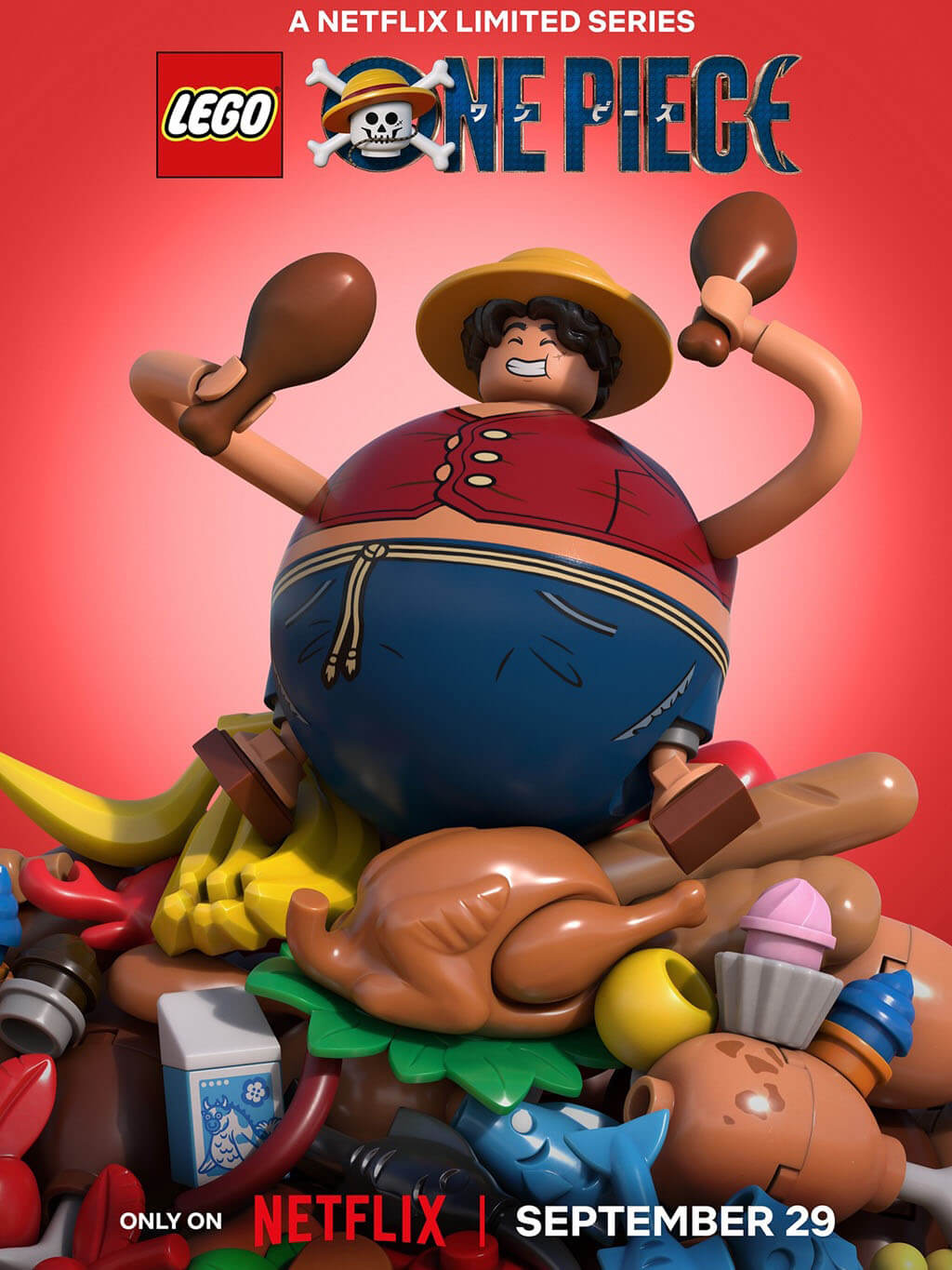 Póster de Luffy en el especial LEGO One Piece de Netflix, rodeado de comida
