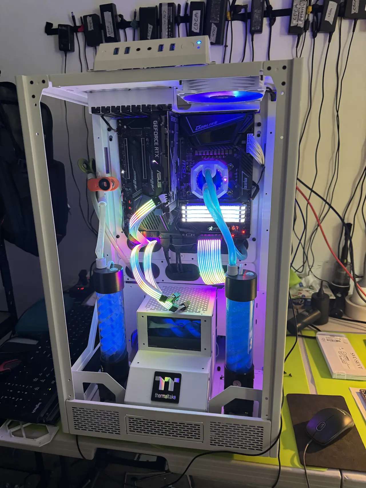 Custom PC with hard line liquid cooling in an open frame case