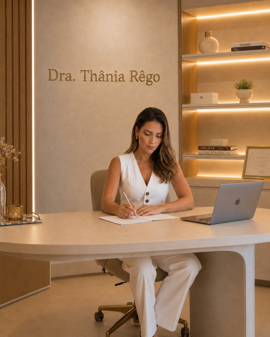Dra. Thânia Rêgo escrevendo na mesa do consultório