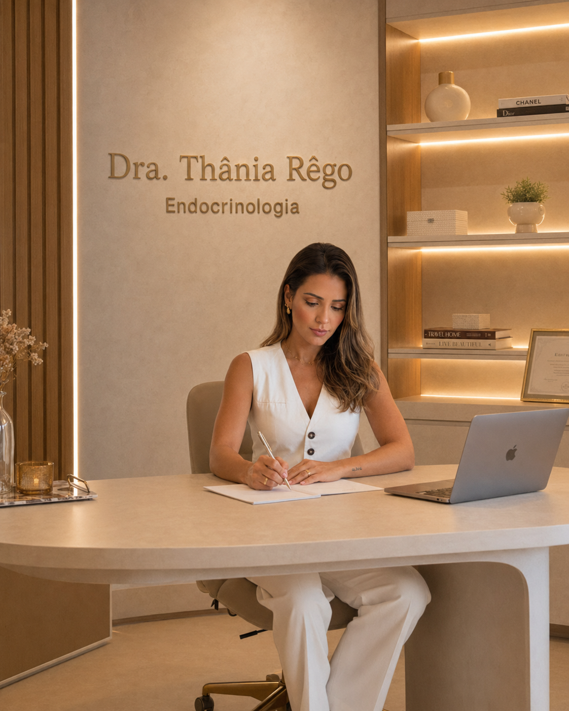 Dra. Thânia Rêgo escrevendo na mesa do consultório