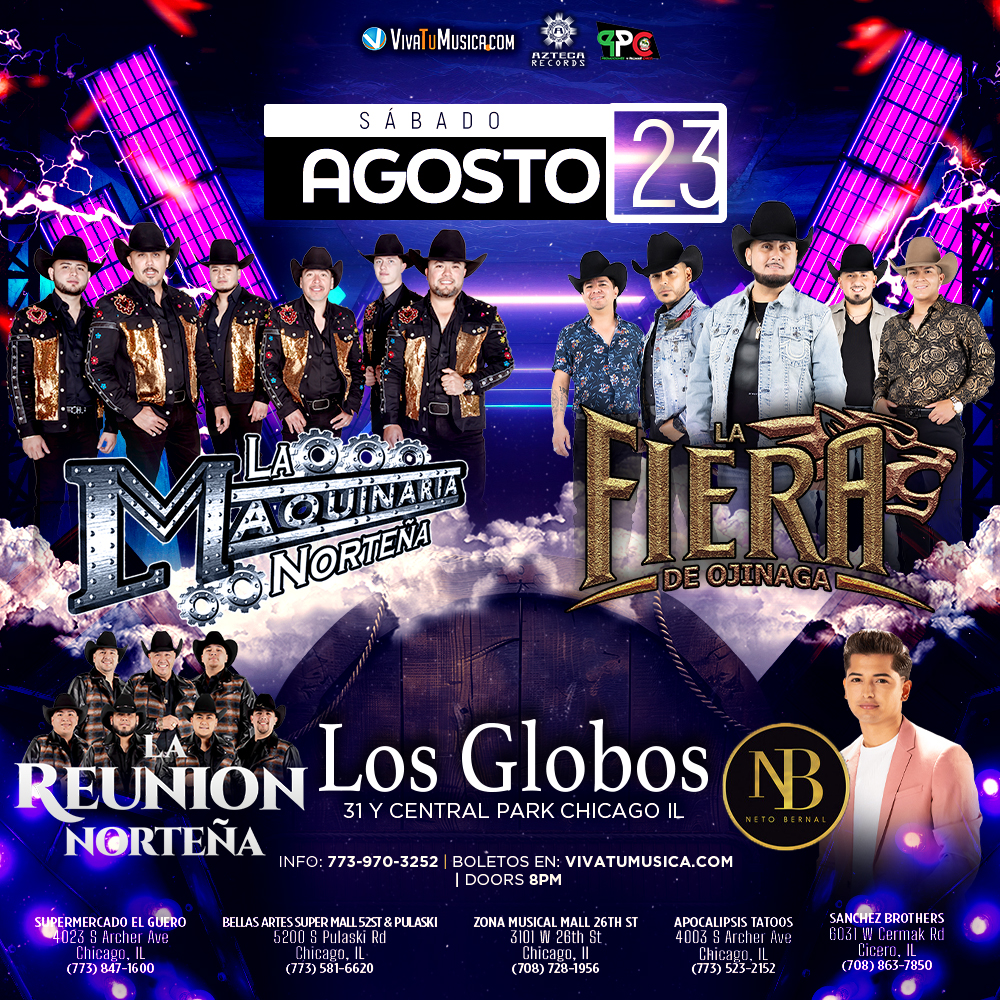 Event Maquinaria Norteña & Fiera De Ojinaga @ Globos - Chicago, IL Poster