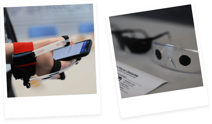 Polaroids of people using phones and accessibility glasses