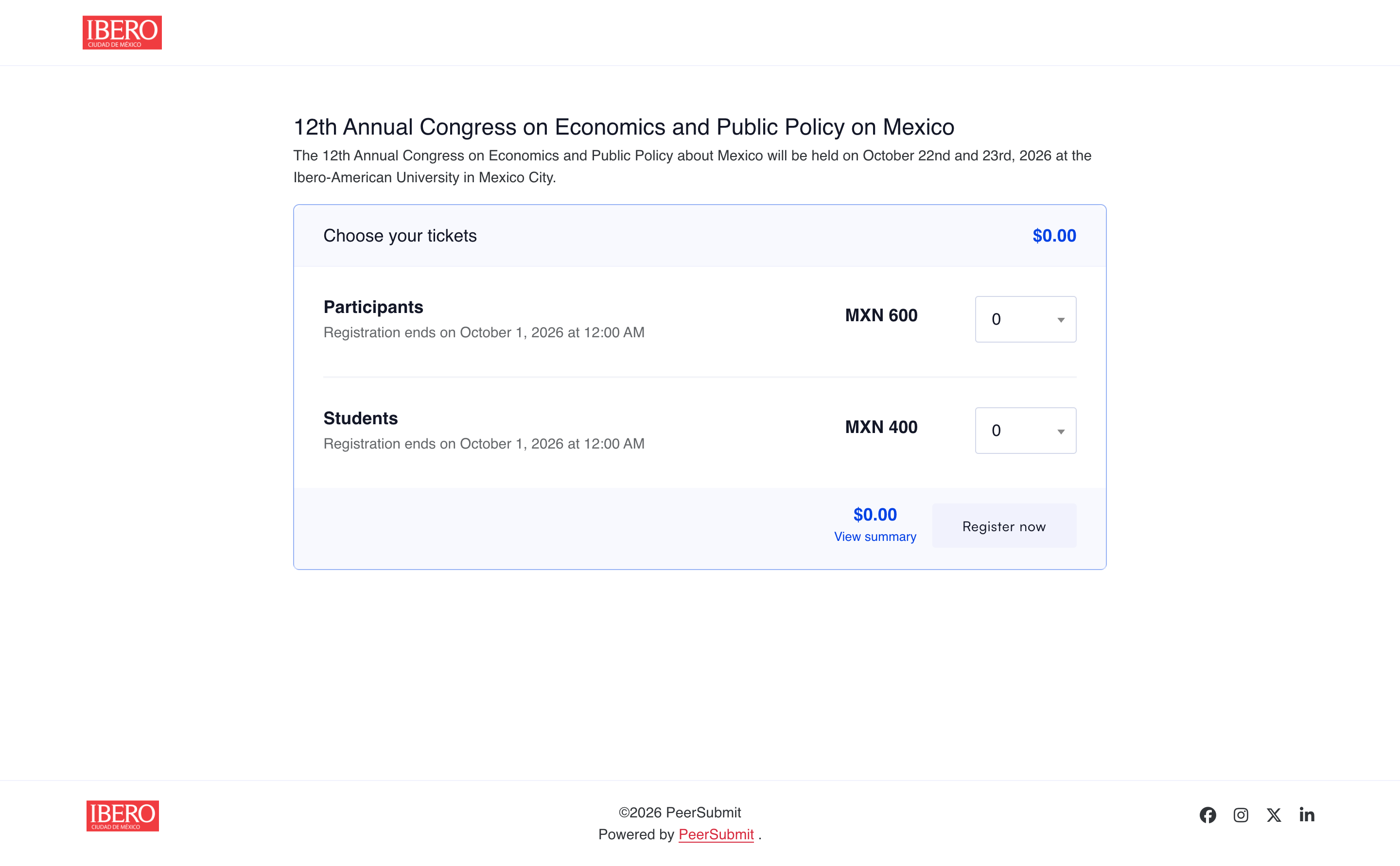 PeerSubmit conference registration page showing participant and student ticket options