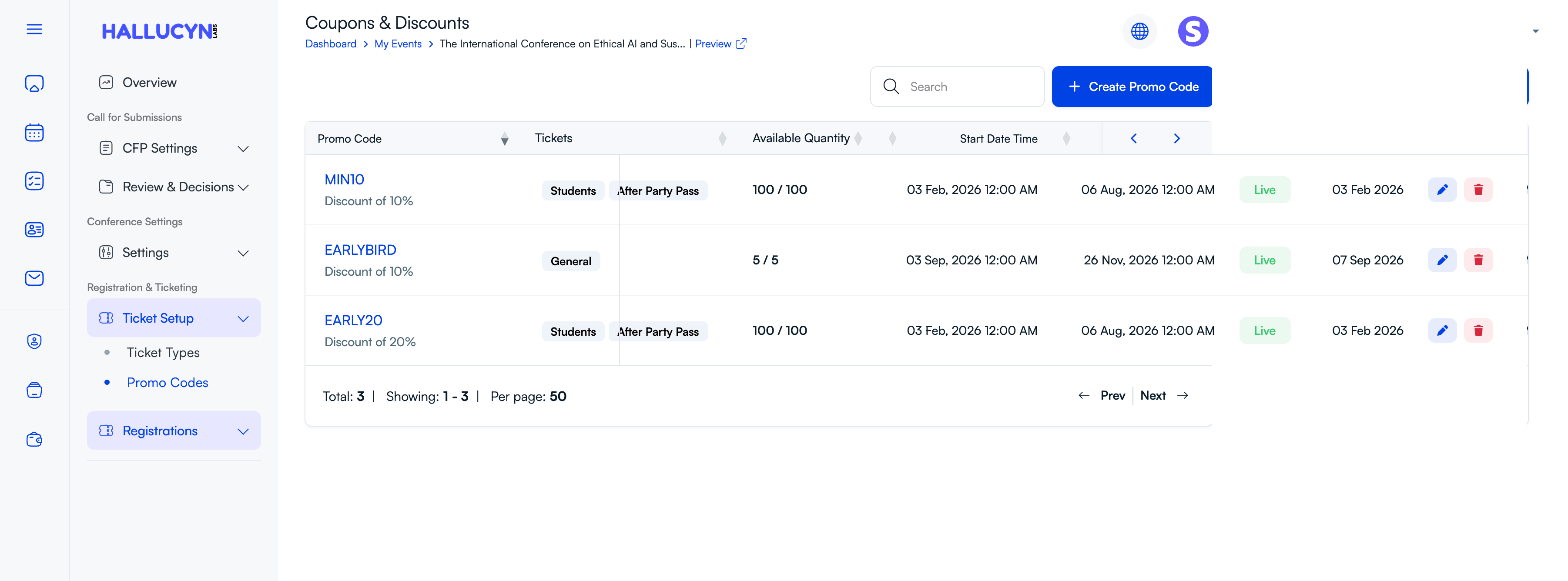PeerSubmit promo code dashboard with discounts assigned to ticket types and availability dates