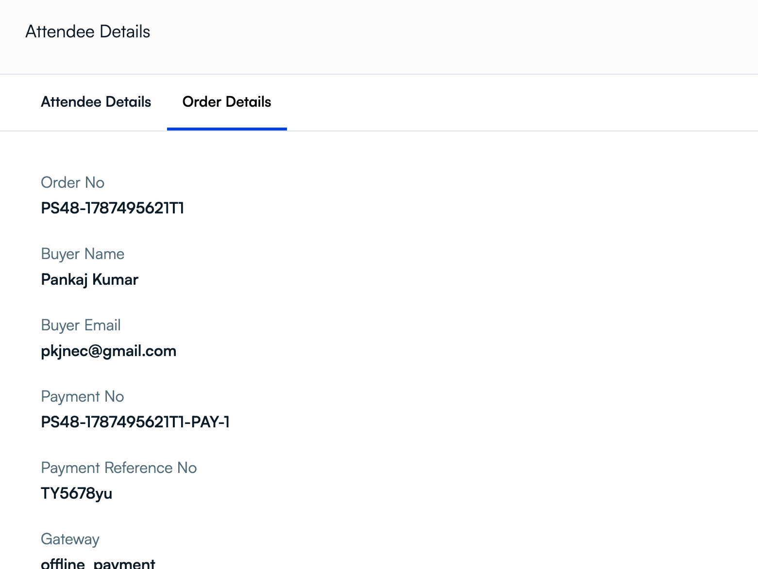 PeerSubmit attendee order details with order, payment, reference, and gateway fields