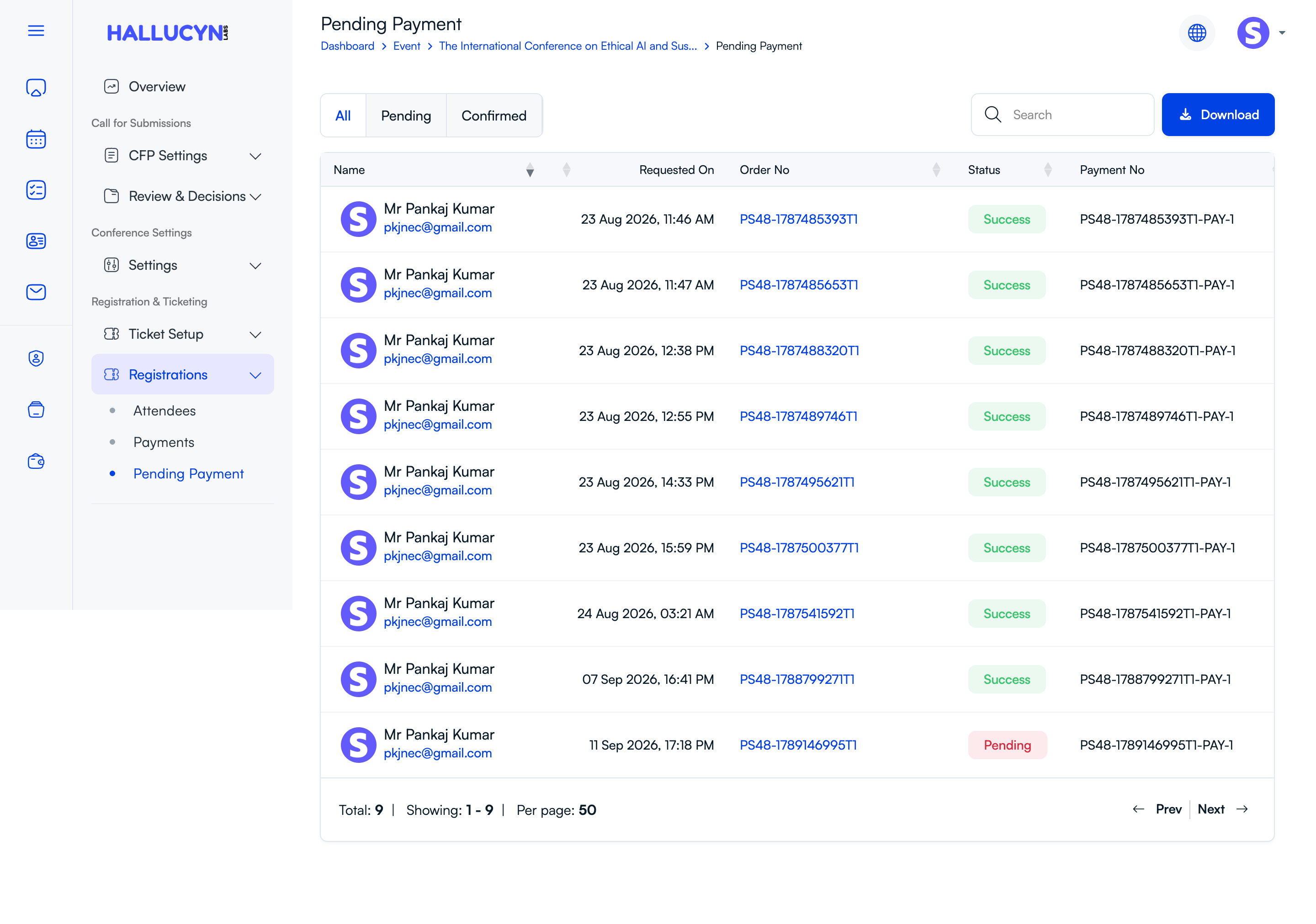 PeerSubmit pending-payment list with pending and confirmed status tabs, order numbers, and payment numbers