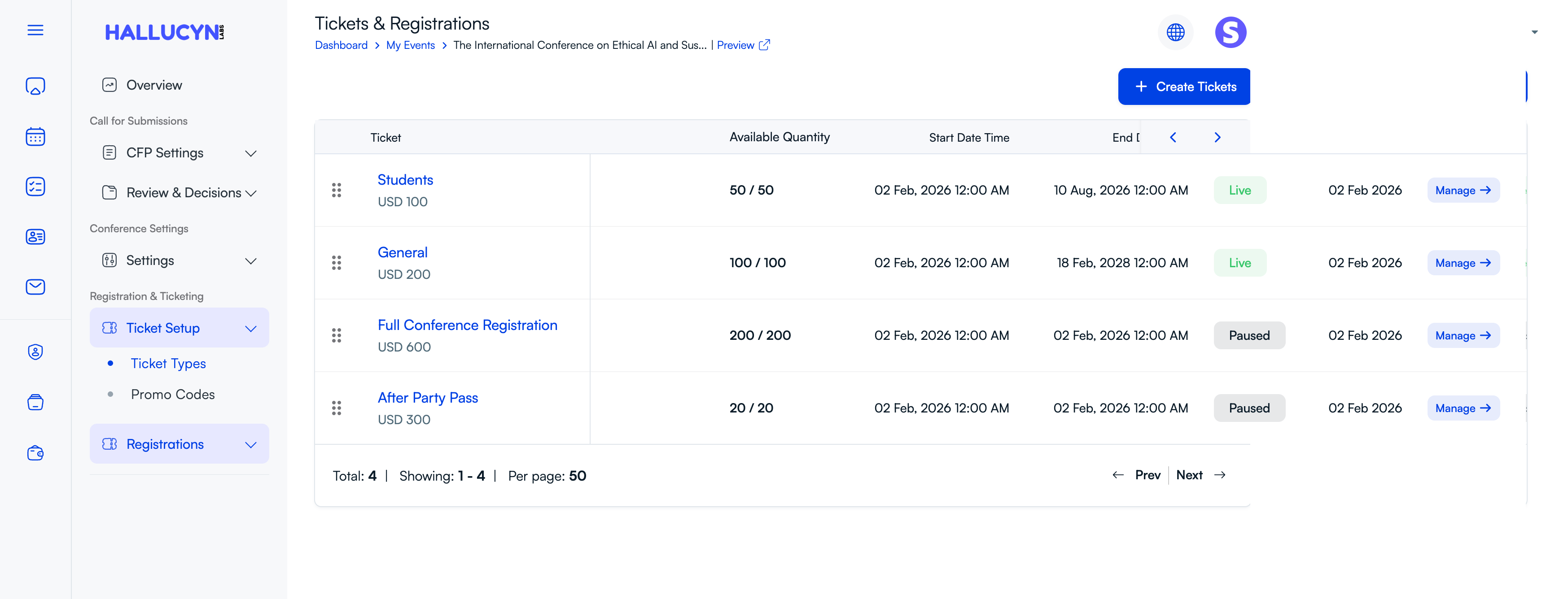 PeerSubmit ticket setup dashboard with ticket prices, quantities, sale dates, and live or paused status