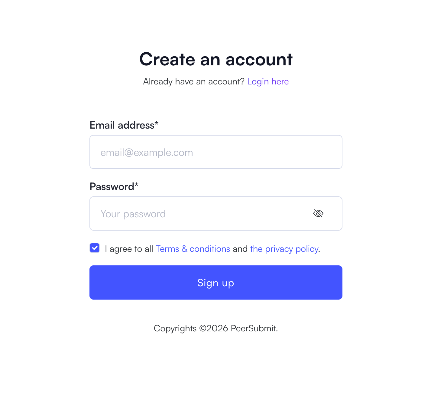 Create PeerSubmit account step