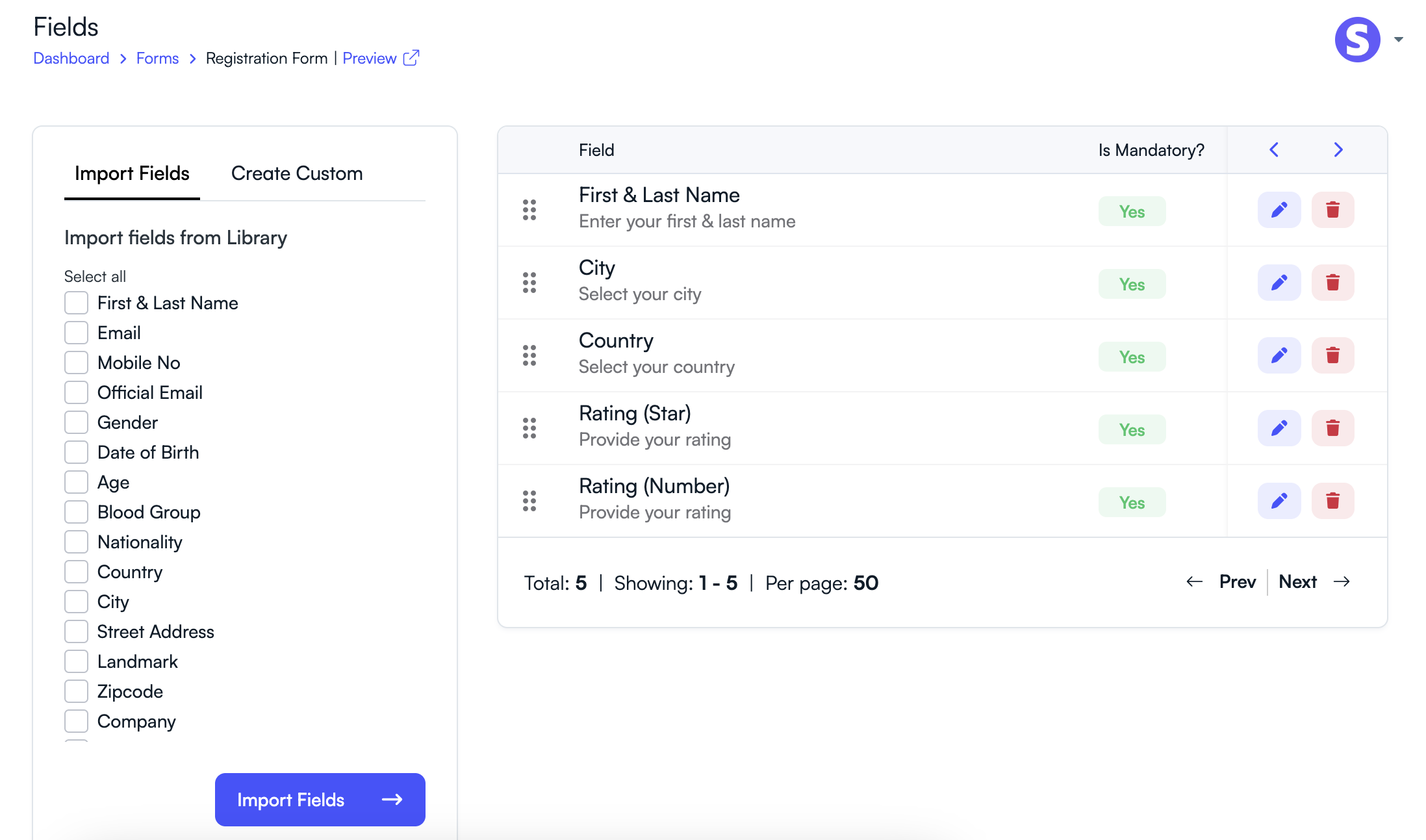 PeerSubmit fields dashboard