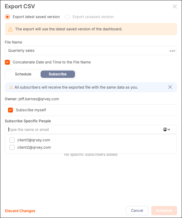 Export CSV modal with subscription
