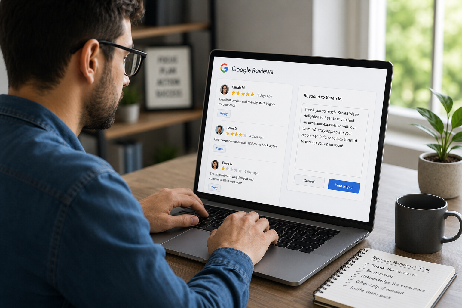 Business owner responding to customer reviews