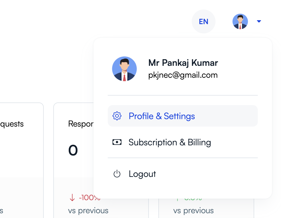 UpBlick account menu showing the Profile and Settings option