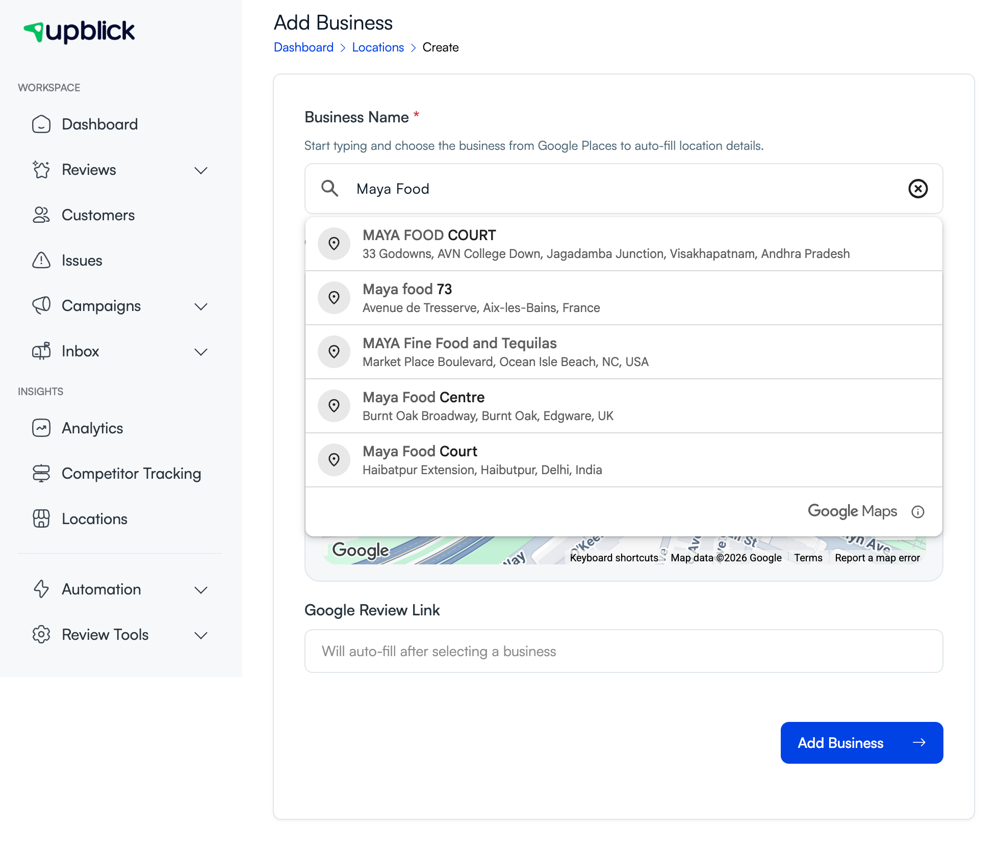 UpBlick Add Business page showing Google Places search results and the Google Review Link field