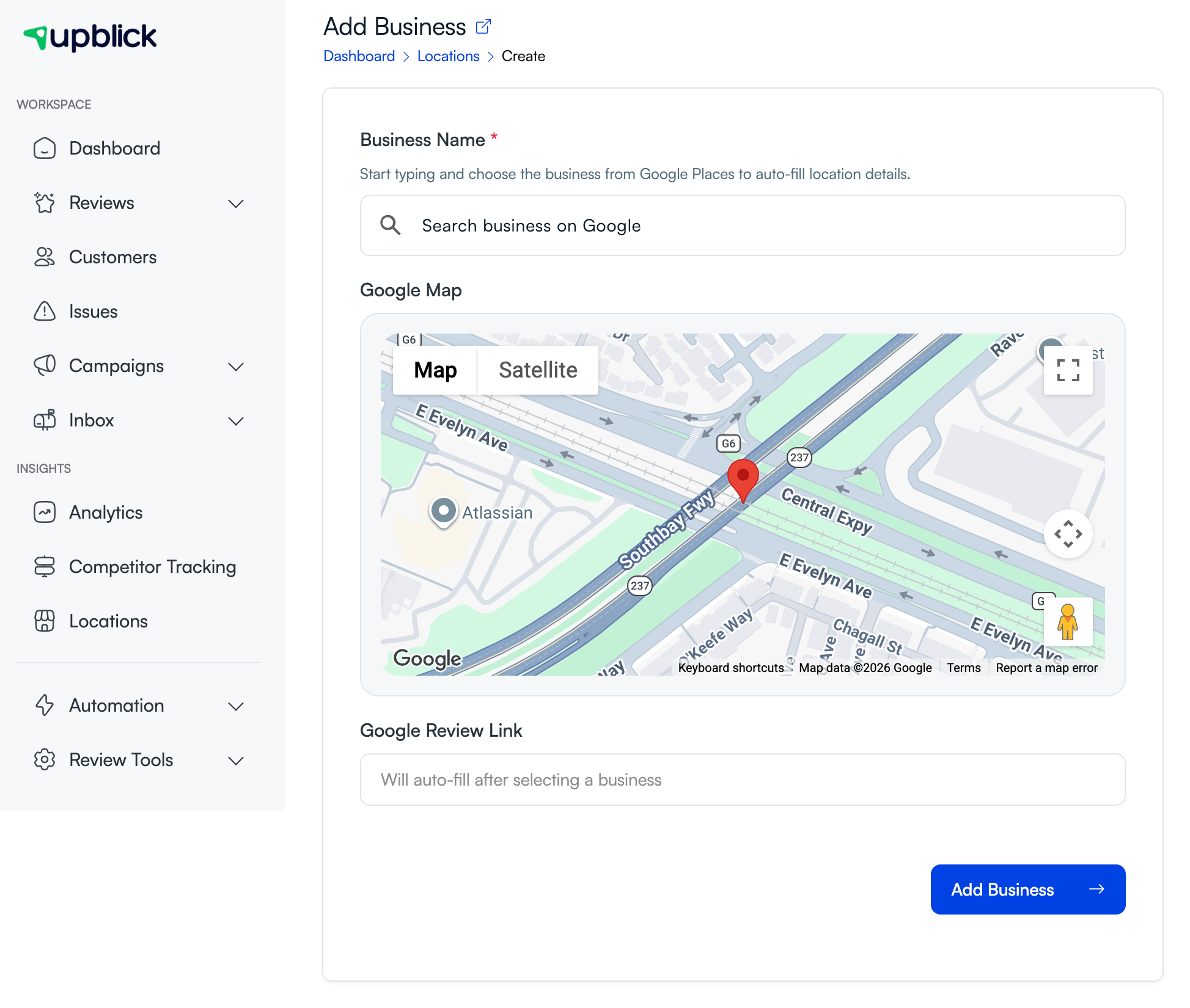 UpBlick Add Business page with business search, Google Map, Google Review Link, and Add Business button