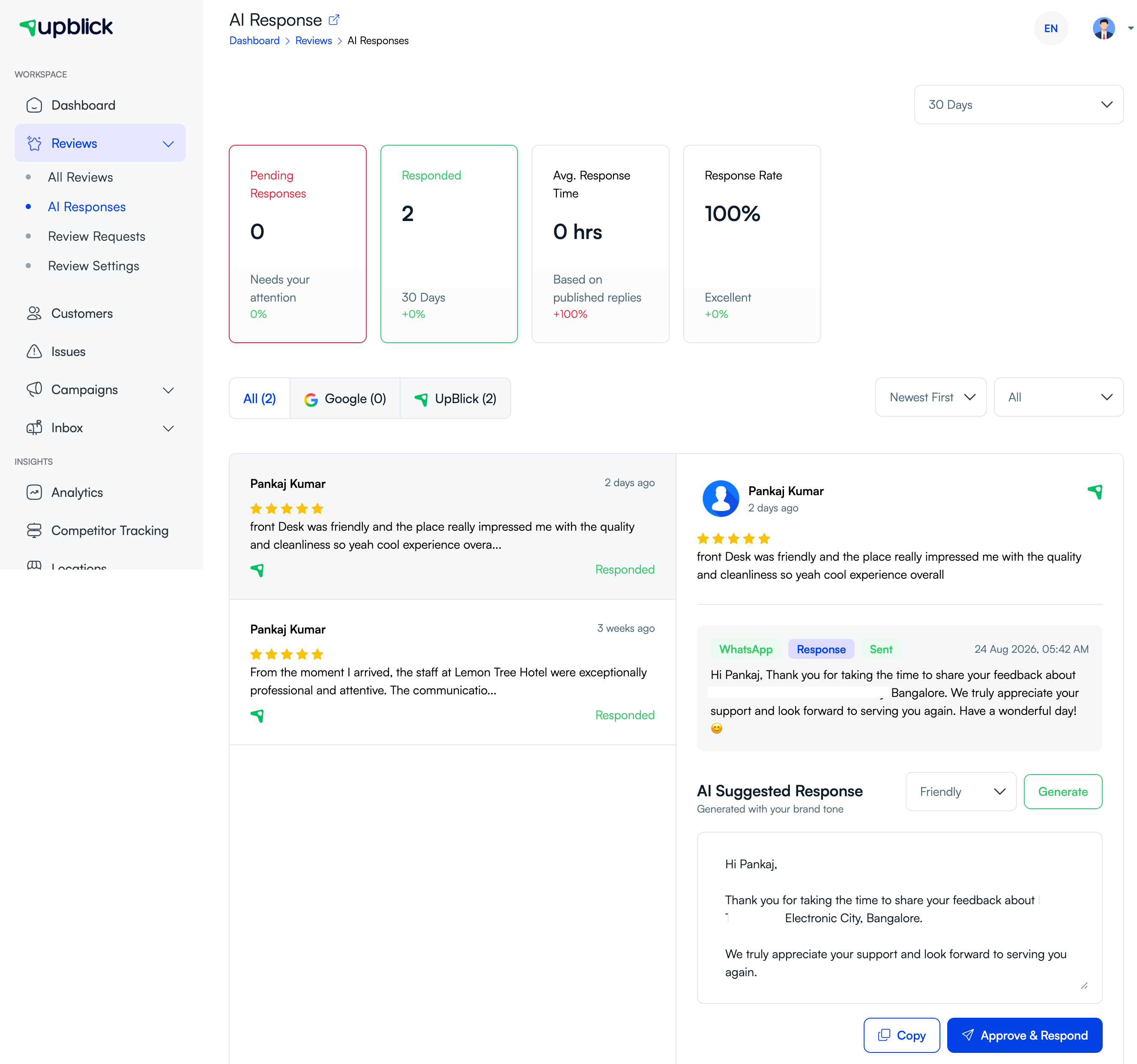 UpBlick AI Responses page showing a selected review and AI suggested response