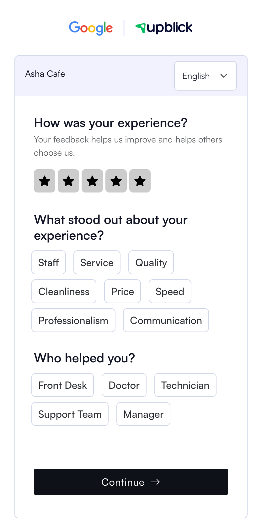 Customer-facing UpBlick review screen showing a rating question and feedback options