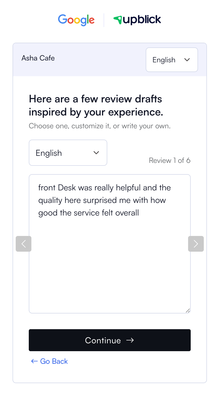 Customer-facing UpBlick screen showing editable review draft suggestions