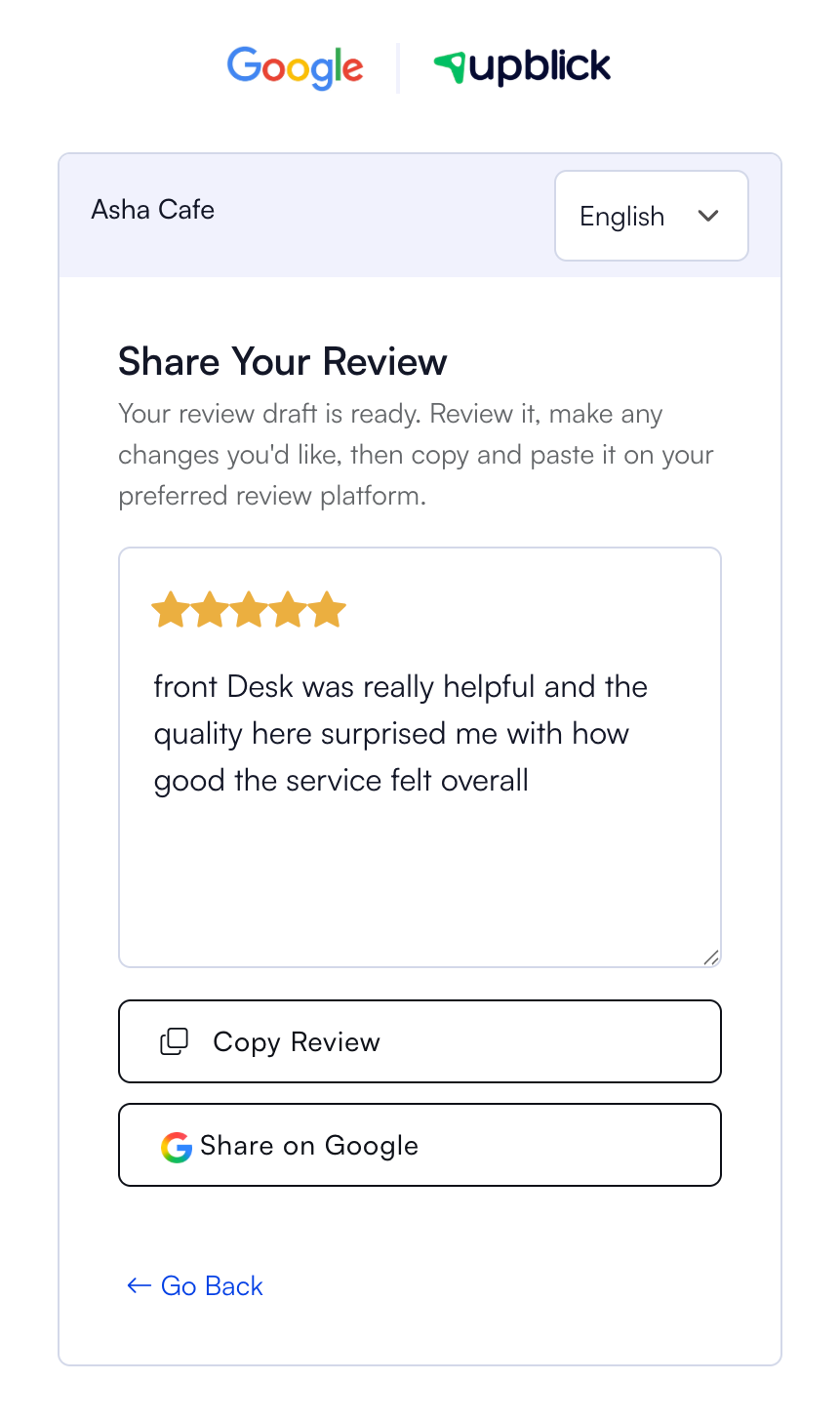 Customer-facing UpBlick share review screen with Copy Review and Share on Google buttons
