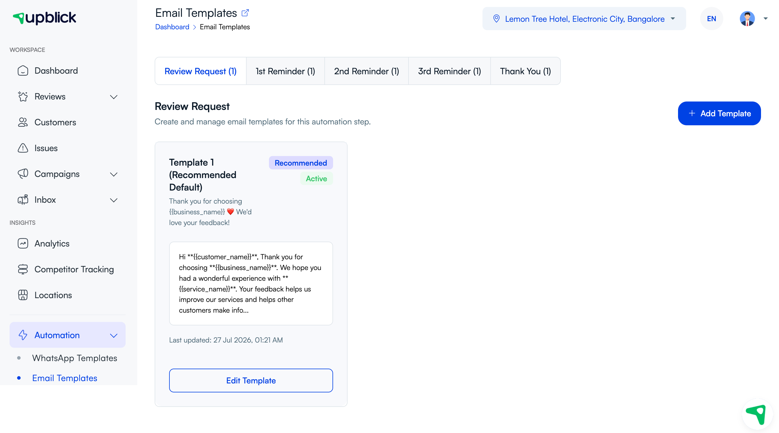 UpBlick Email Templates page with an active Review Request template