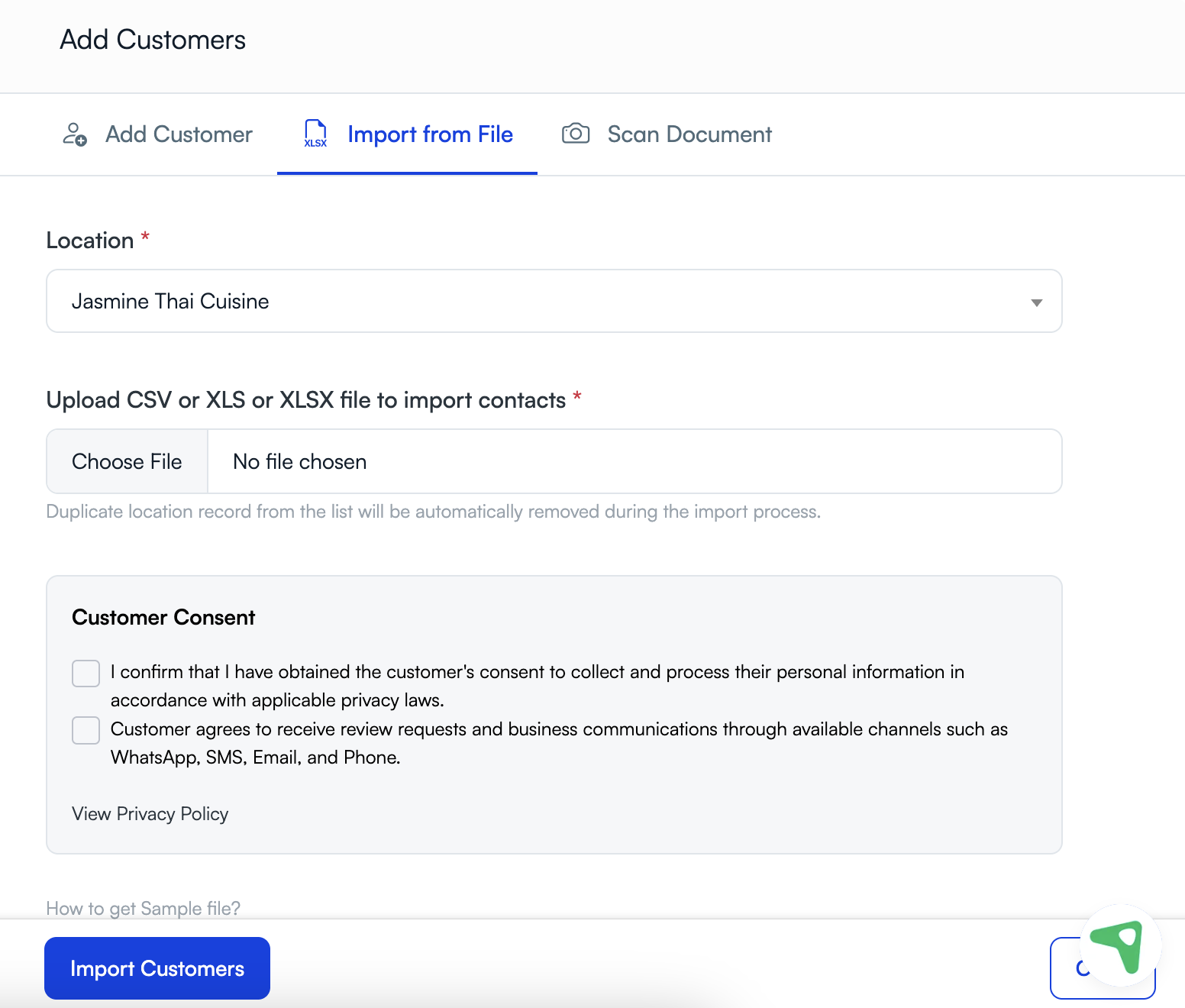UpBlick Import from File form with location, customer file, consent confirmations, and Import Customers button