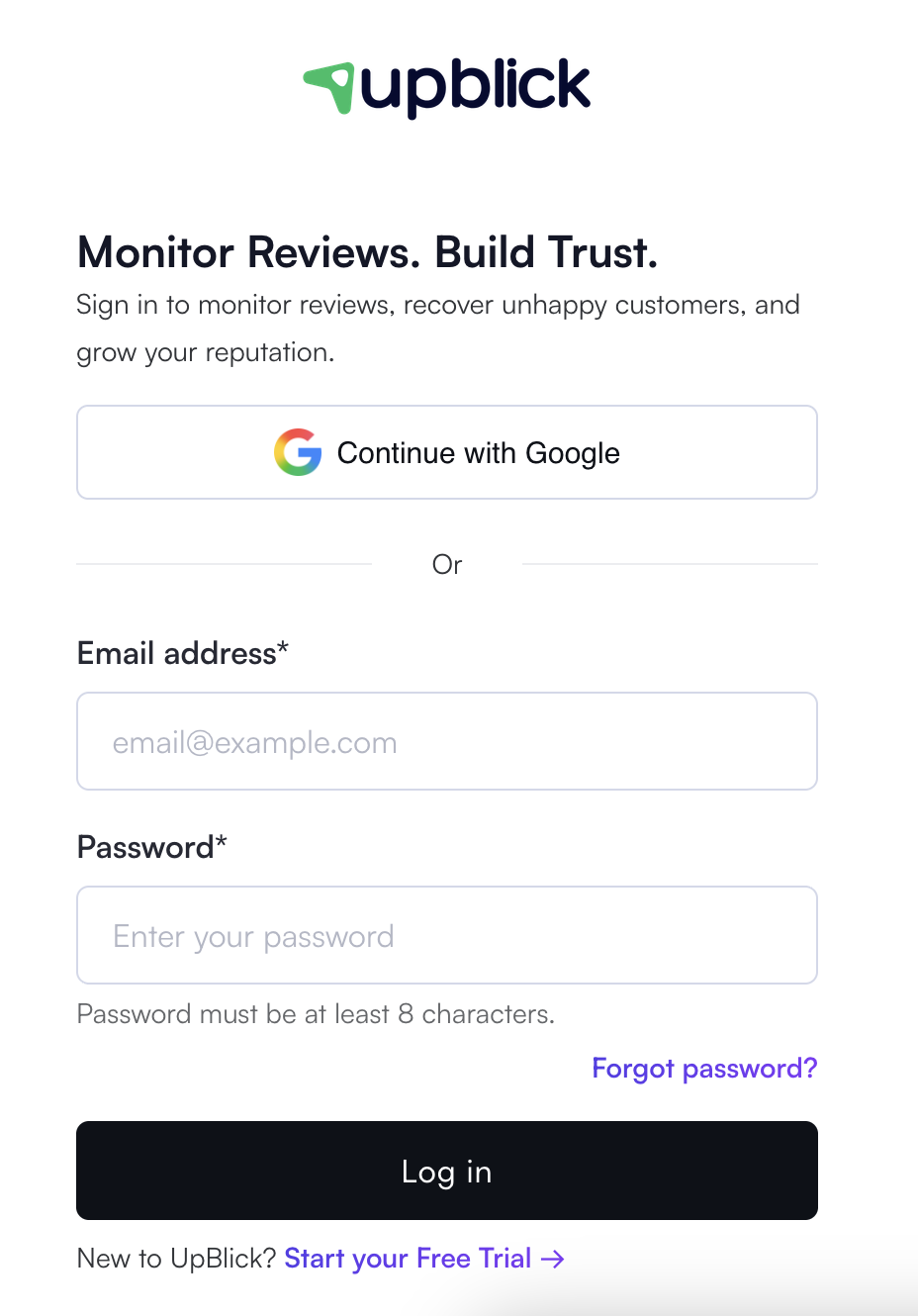 UpBlick login page with Continue with Google, Email address, Password, Forgot password, and Log in options
