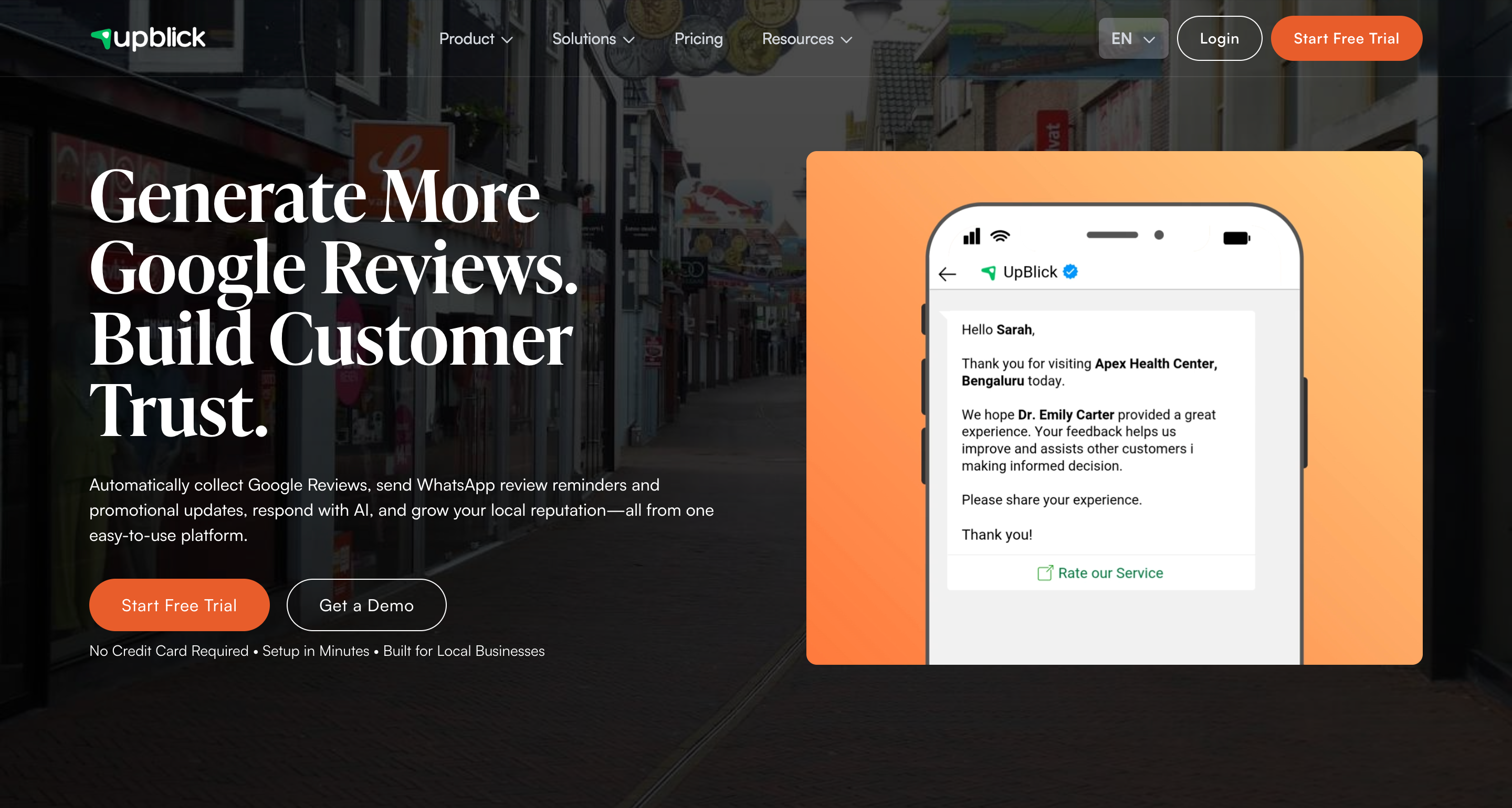 UpBlick website showing Google review generation, customer trust, and a mobile customer review request