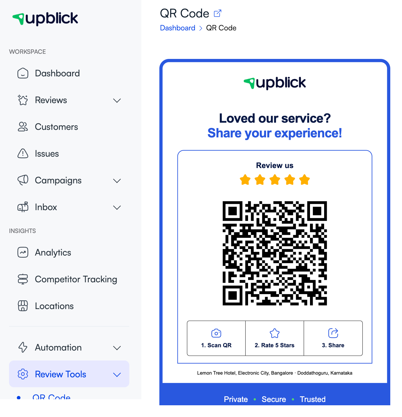 UpBlick location-specific QR Code Standee for collecting customer reviews
