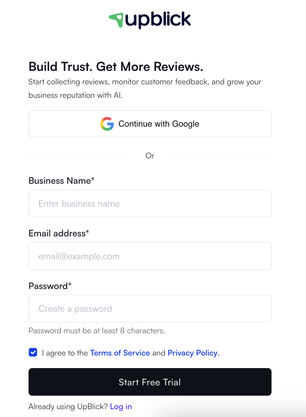 UpBlick signup page with Continue with Google, Business Name, Email address, Password, and Start Free Trial options