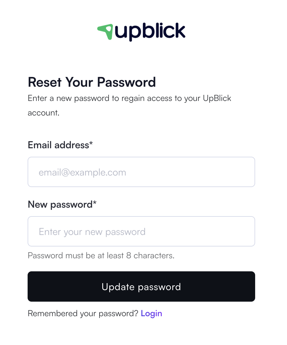 UpBlick Reset Your Password page with Email address, New password, and Update password fields