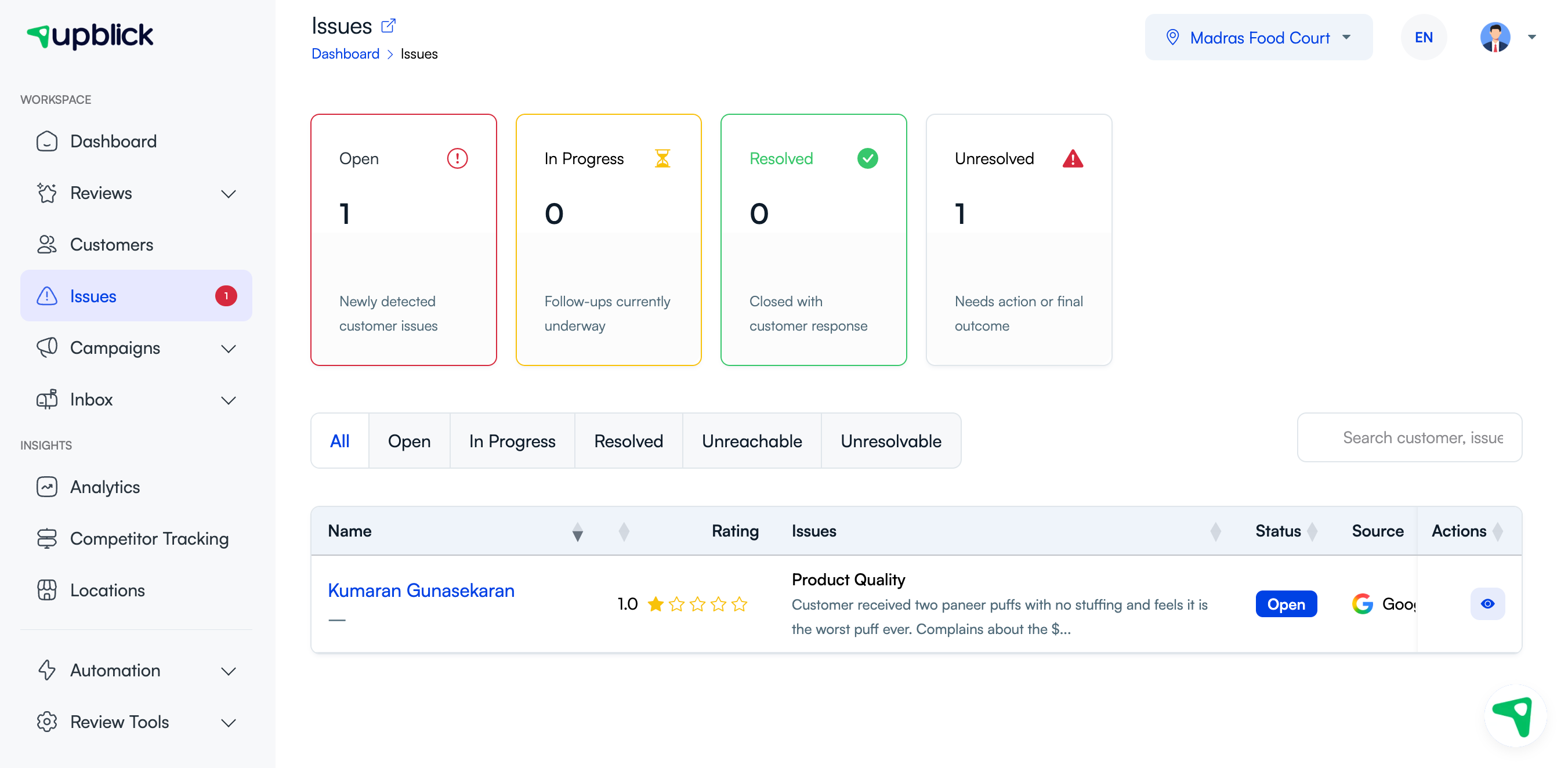 UpBlick Issues page showing open, in progress, resolved, and unresolved customer feedback issues with filters and issue list