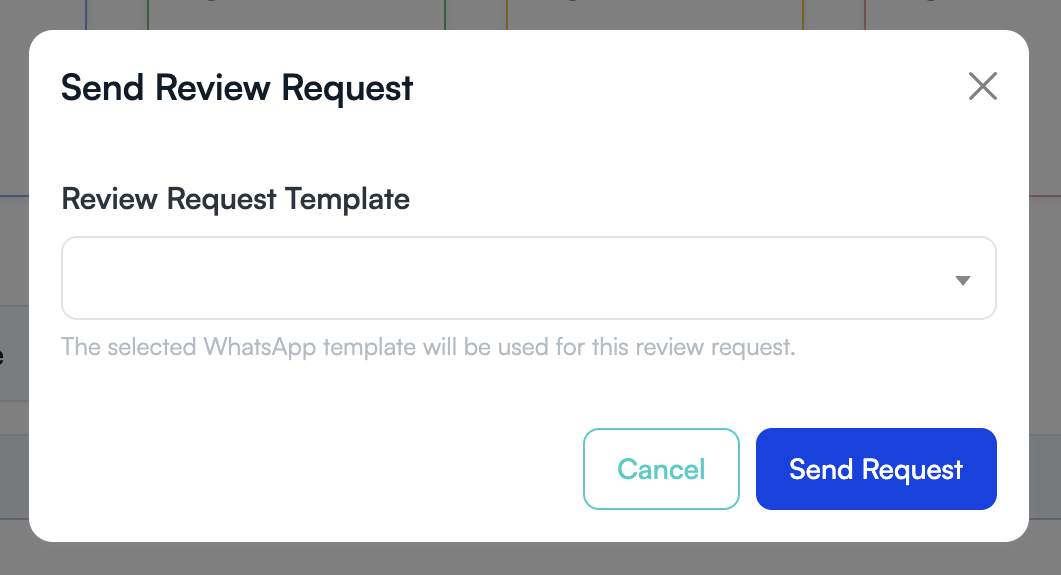 UpBlick Send Review Request window with template selection and Send Request button