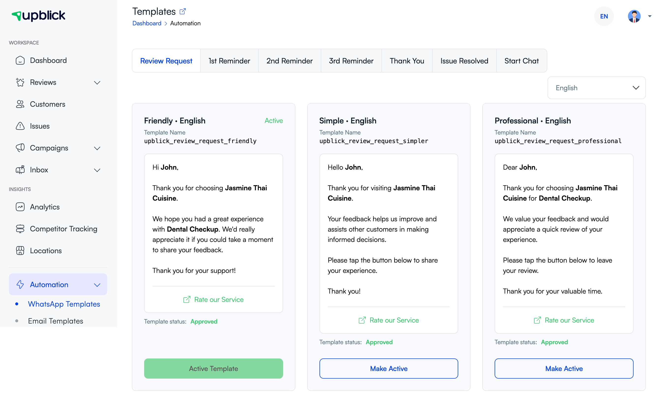 UpBlick WhatsApp Templates page showing reminder-style templates for follow-up automation