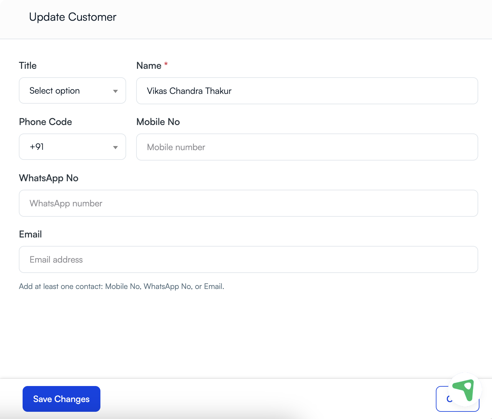 UpBlick Update Customer form with title, name, phone code, mobile number, WhatsApp number, email, and Save Changes button