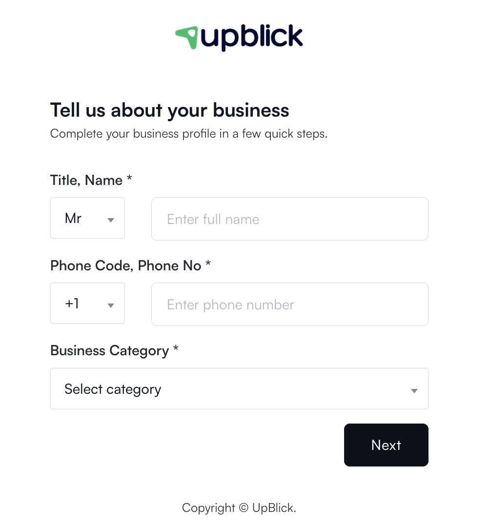 UpBlick business profile form with name, phone number, business category, and Next button