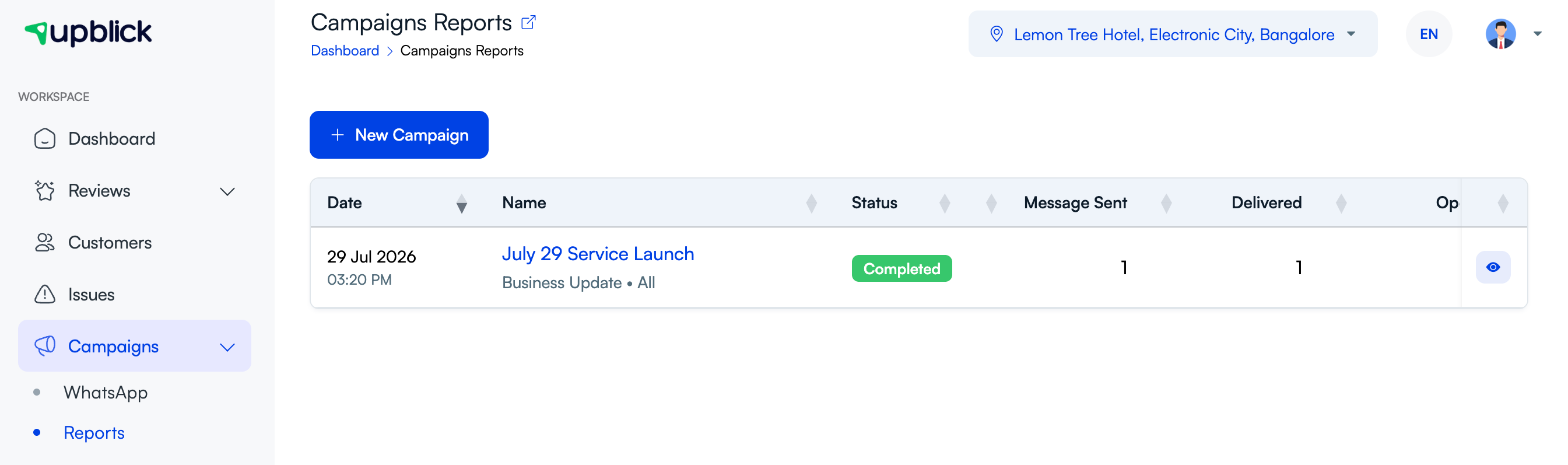 UpBlick Campaigns Reports page showing a campaign list with status and message counts