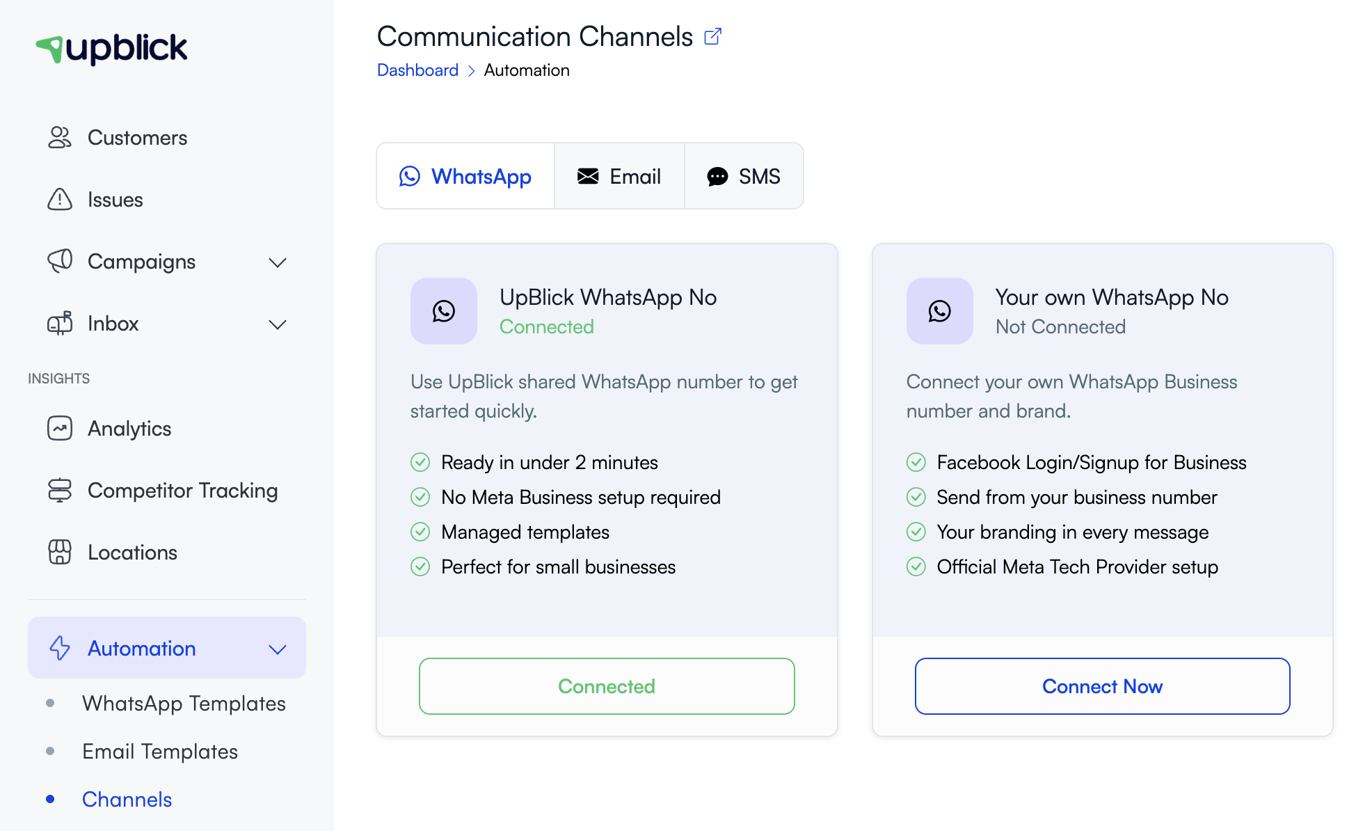 UpBlick Communication Channels page showing WhatsApp connection options for automated messaging