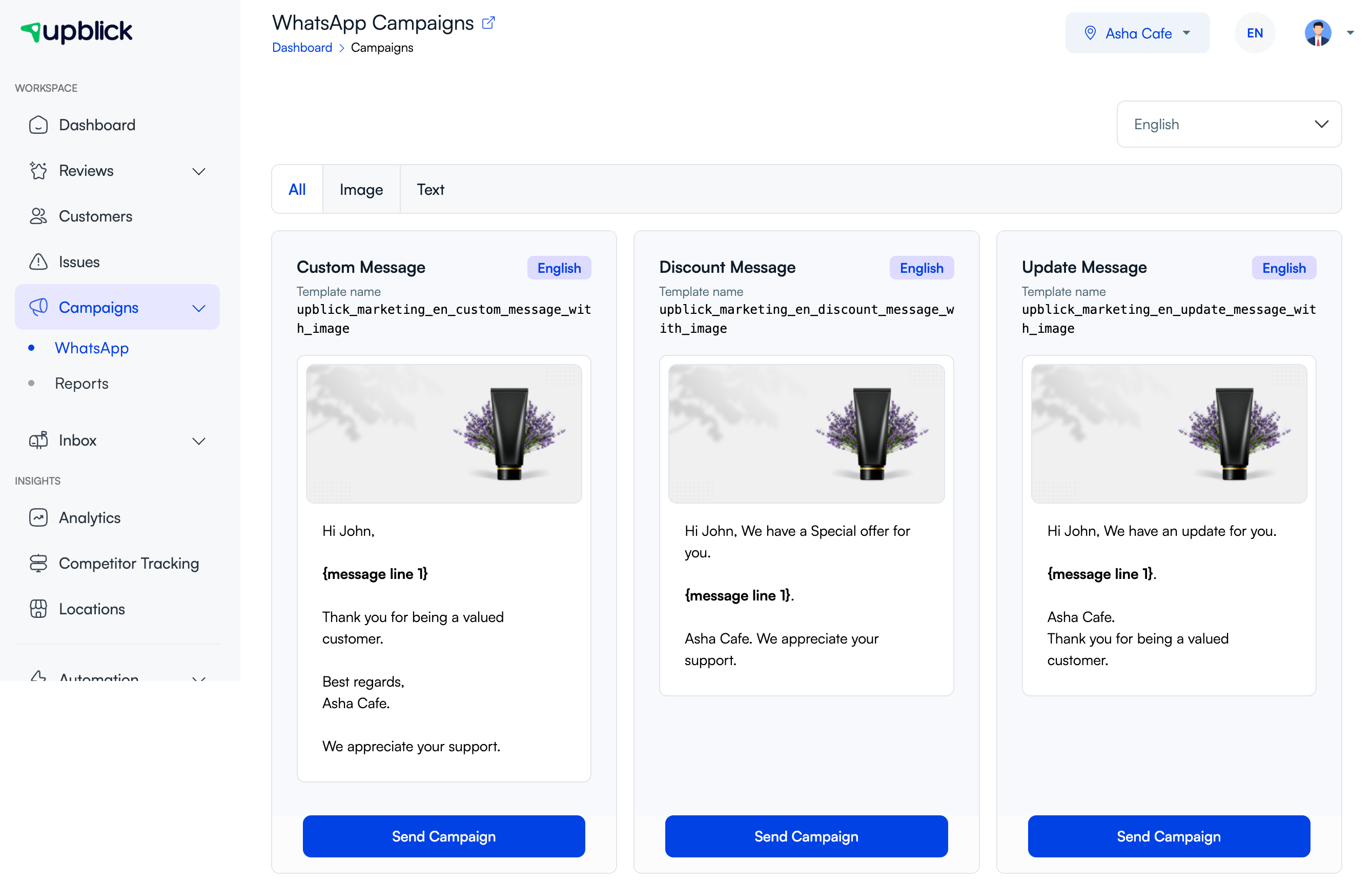 UpBlick WhatsApp Campaigns page showing available templates before entering the send flow