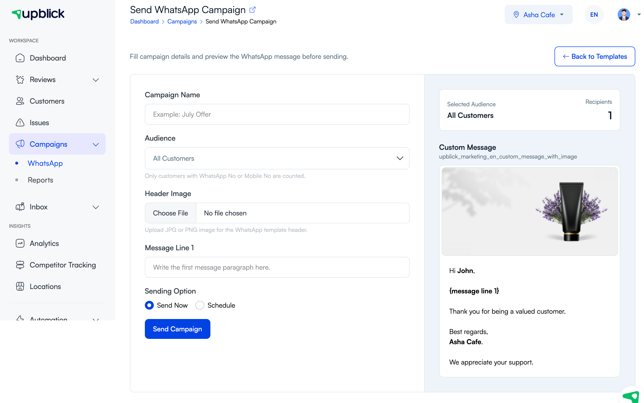 UpBlick Send WhatsApp Campaign page showing the Send Now and Schedule options