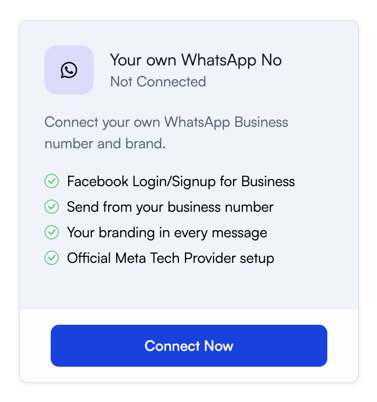 UpBlick card for Your own WhatsApp No showing Not Connected and a Connect Now button