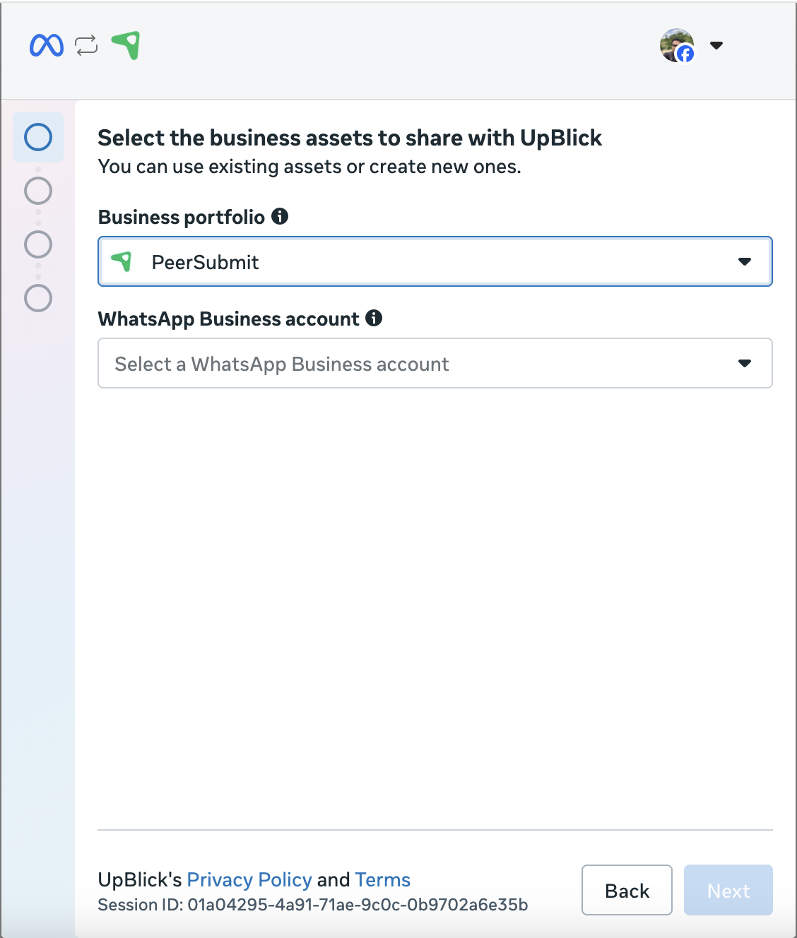 Meta screen for selecting business portfolio and WhatsApp Business account to share with UpBlick