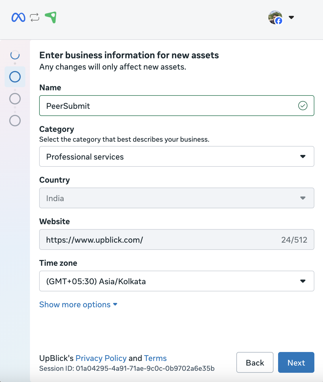 Meta setup screen for entering business information such as name, category, country, website, and time zone