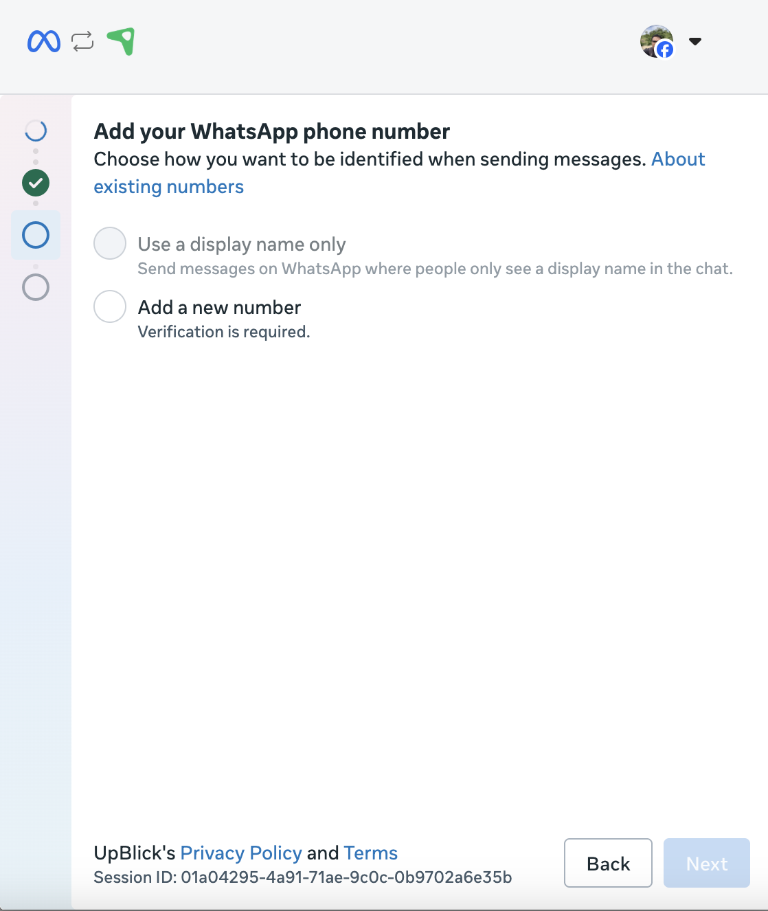 Meta setup screen for adding a WhatsApp phone number and choosing between display name only or adding a new number