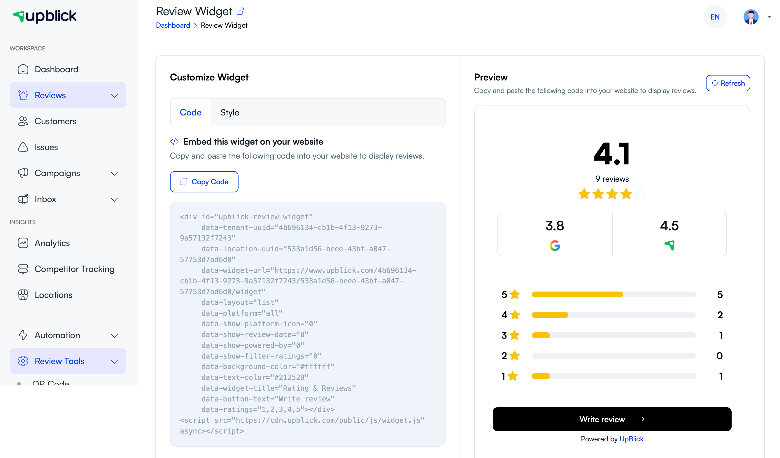UpBlick Review Widget page with embed code, review summary preview, and Write review button