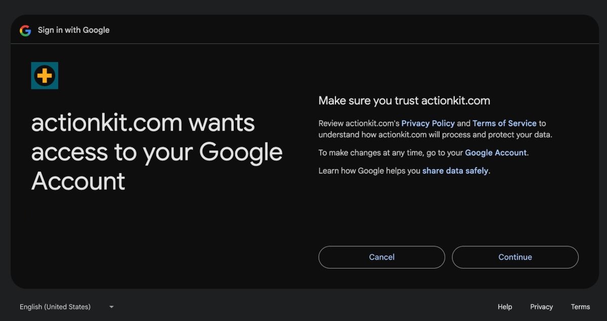 Tell Google that you trust ActionKit to create the spreadsheet and put it into your Google Drive.